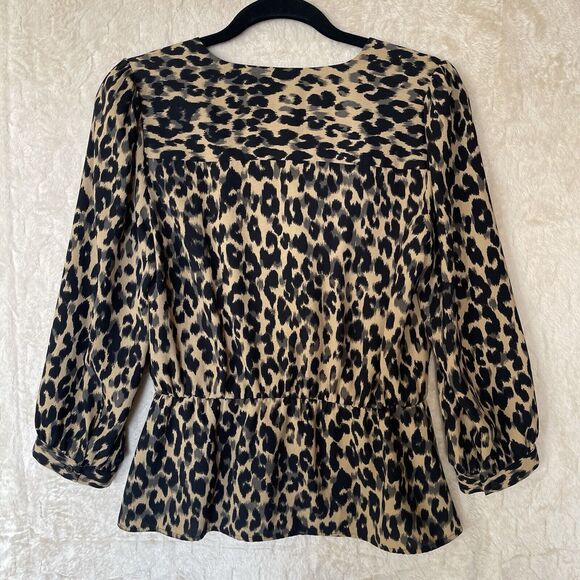 Nordstrom‎ Halogen Women Small Black/Tan Leopard Print Long Sleeve V-Neck Blouse - Picture 2 of 8